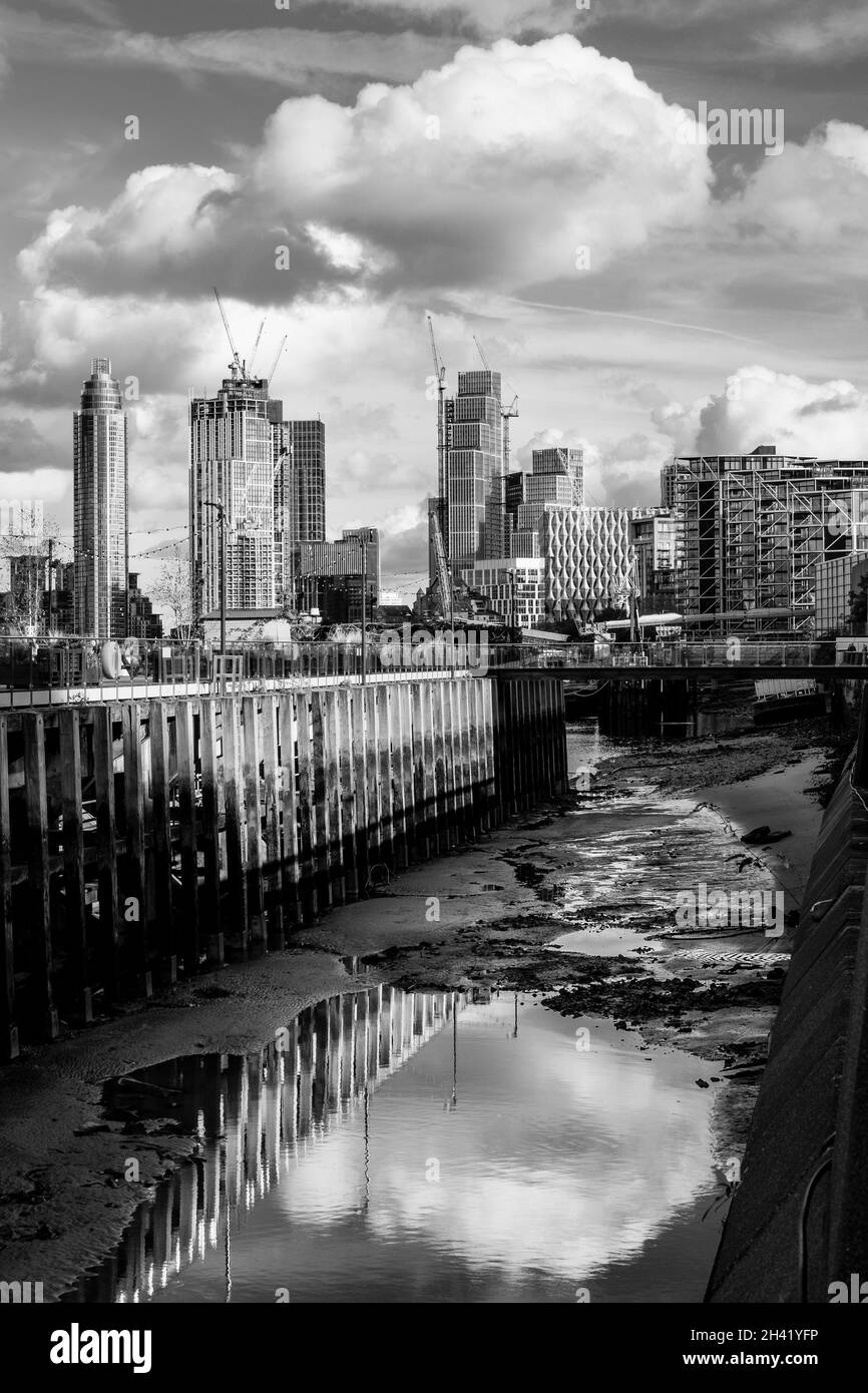 London Cityscape with River Thames at low tide, Battersea, London, UK. Stock Photo