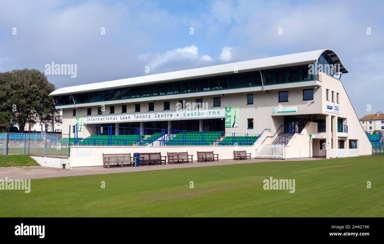 View of the Eastbourne International Lawn Tennis Centre, Eastbourne, East Sussex, England, UK Stock Photo