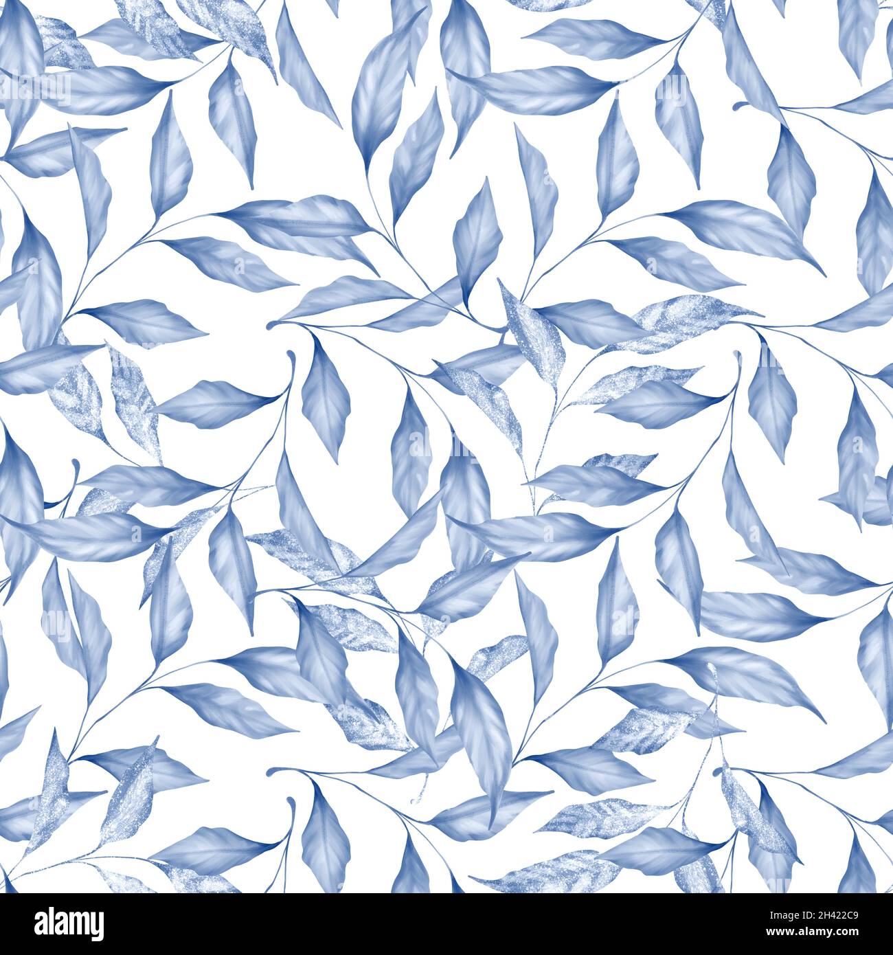 Blue floral seamless pattern of leaves. Monochrome background Stock ...