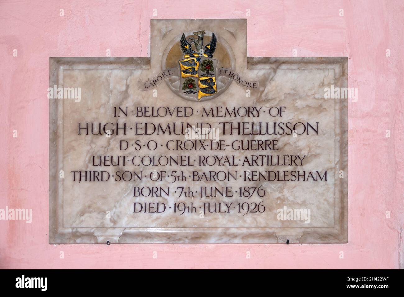 Wall plaque dedicated to the memory of Hugh Edmund Thellusson at the Church of St Gregory, Rendlesham Suffolk Stock Photo