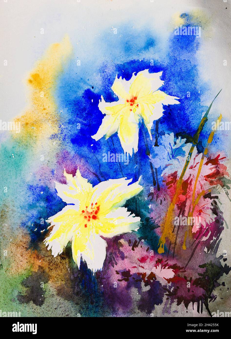 Abstract flower watercolor painting for various usage like invitation card, post card, poster, cover, decoration. Watercolor hand painted illustration Stock Photo