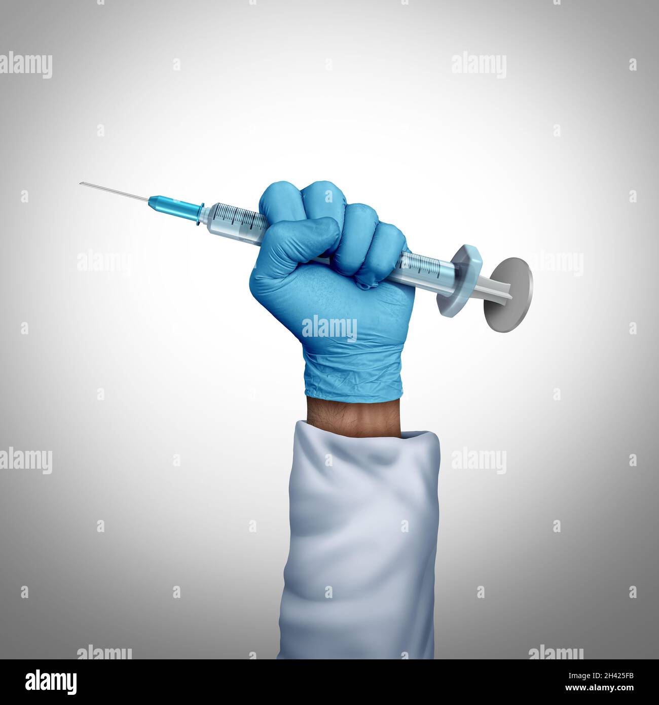 Power of medicine and medical social justice concept and Virus vaccinefor flu or coronavirus disease control as a doctor with a surgical glove. Stock Photo