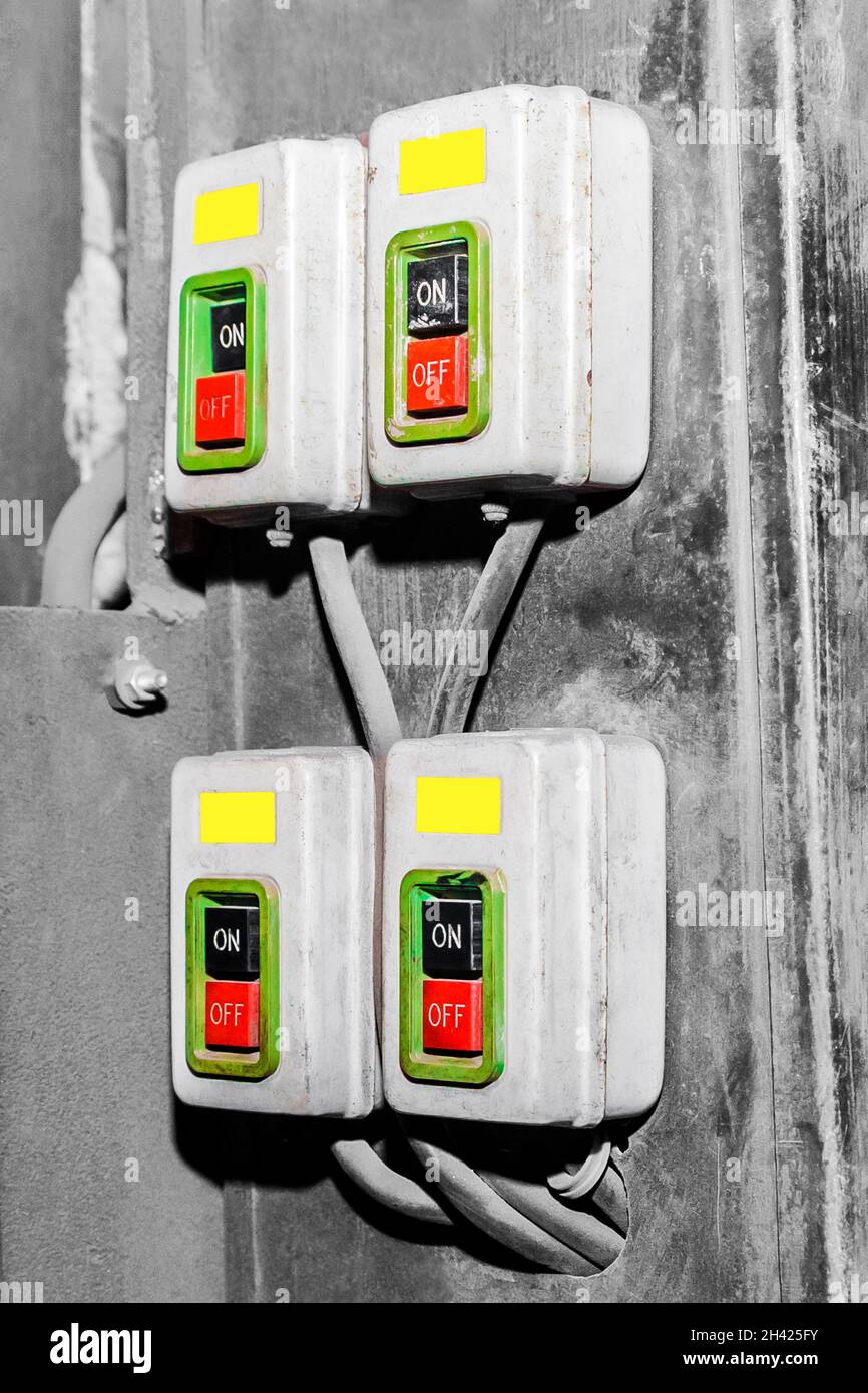Start buttons control panel of old electrical box Stock Photo Alamy