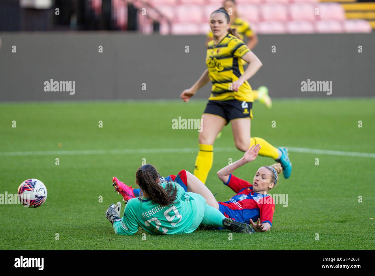 Watford, UK. 31st Oct, 2021. Vicarage Road Stadium, Watford, GOAL 0-2 Sophie McLean (15 Crystal Palace) beats Georgie Ferguson (29 Watford) to double the lead for the visitors during the FA Womens Championship match between Watford and Crystal Palace at Vicarage Road, Watford, England. Stephen Flynn/SPP Credit: SPP Sport Press Photo. /Alamy Live News Stock Photo