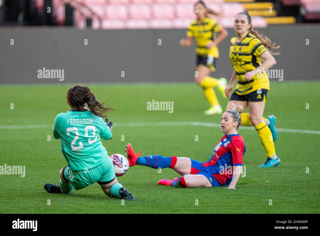 Watford, UK. 31st Oct, 2021. Vicarage Road Stadium, Watford, GOAL 0-2 Sophie McLean (15 Crystal Palace) beats Georgie Ferguson (29 Watford) to double the lead for the visitors during the FA Womens Championship match between Watford and Crystal Palace at Vicarage Road, Watford, England. Stephen Flynn/SPP Credit: SPP Sport Press Photo. /Alamy Live News Stock Photo