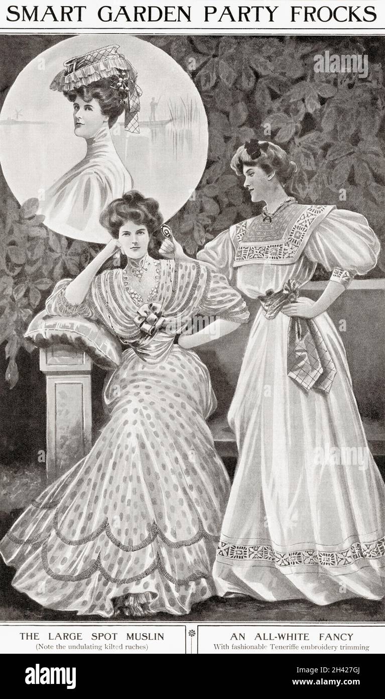 Early 20th century fashion advertisement for smart garden party frocks.  From The World and his Wife, published 1906 Stock Photo
