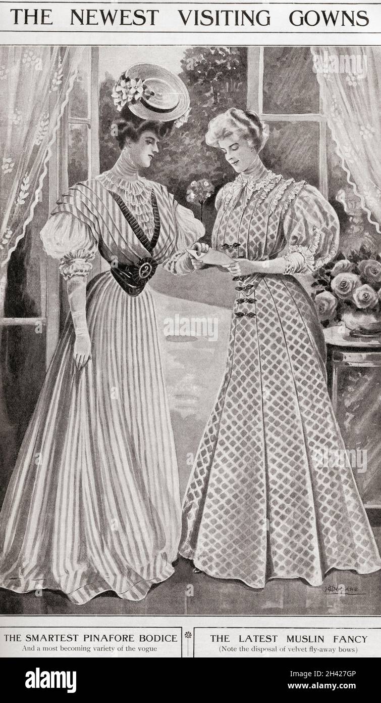 Early 20th century fashion advertisement for the newest vivisting gowns.  From The World and his Wife, published 1906 Stock Photo