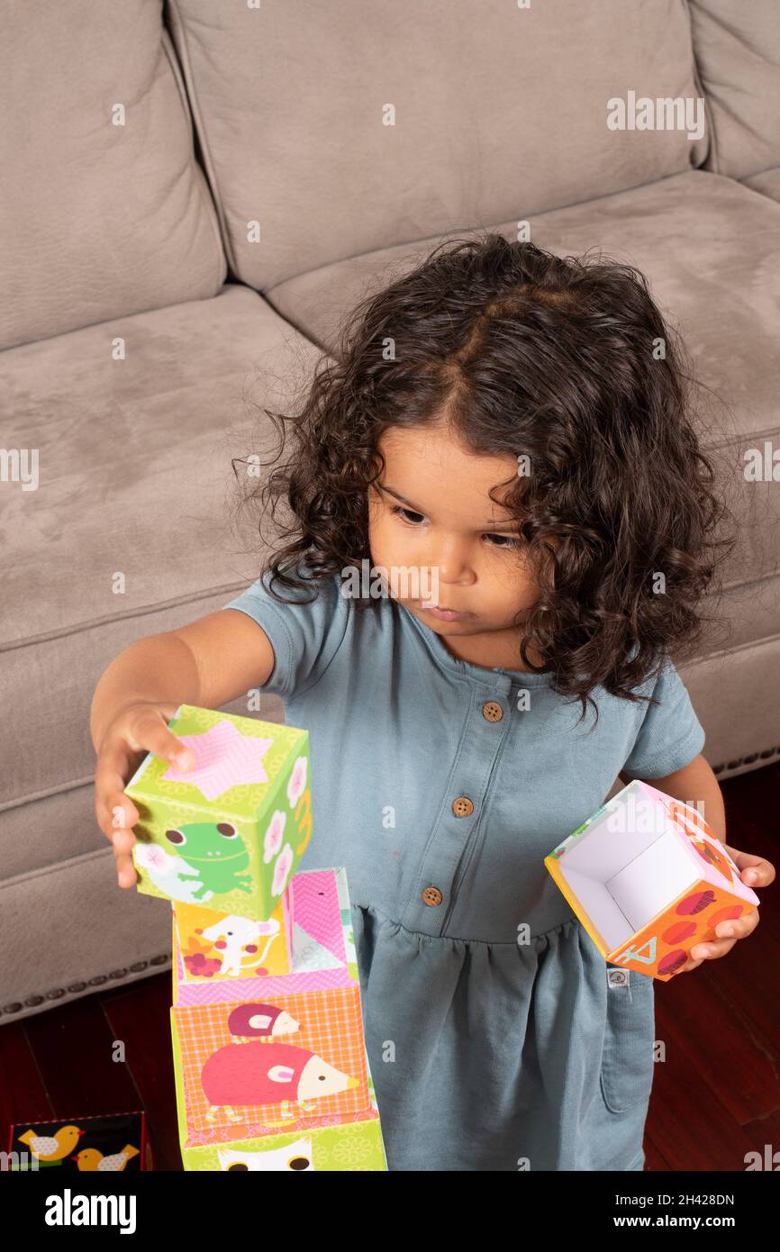 2 year old toddler girl stacking cardboard blocks into tower, blocks illustrated with pictures of animals Stock Photo