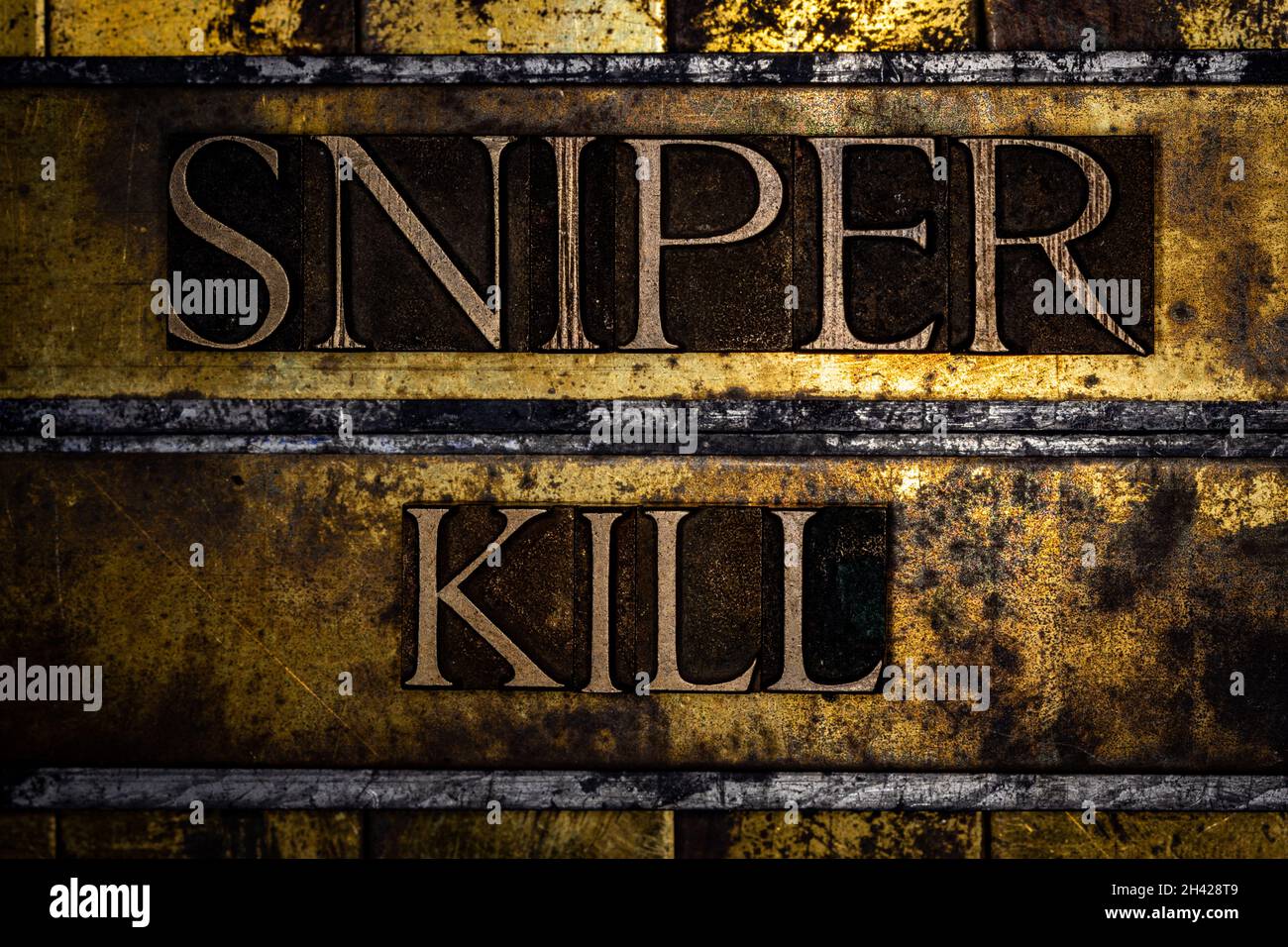 Sniper Kill text on textured grunge copper and vintage gold background Stock Photo