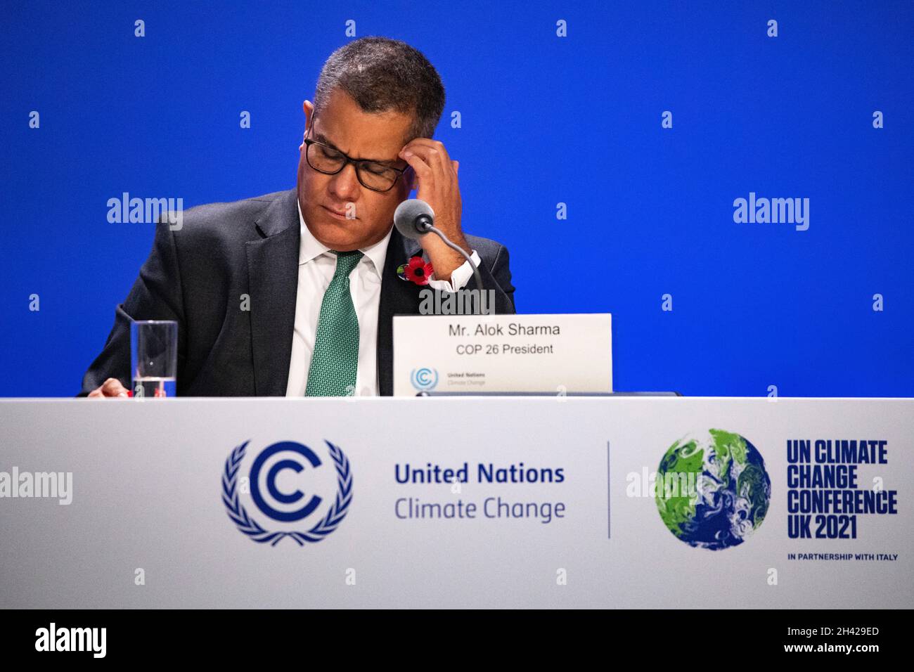 Glasgow, Scotland, UK. 31st Oct, 2021. PICTURED: Alok Sharm - COP26 President seen speaking at a press conference on the opening day at COP26. Credit: Colin Fisher/Alamy Live News Stock Photo