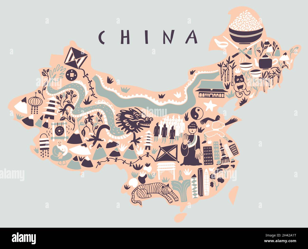 Vector hand drawn stylized map of China. Travel illustration of China
