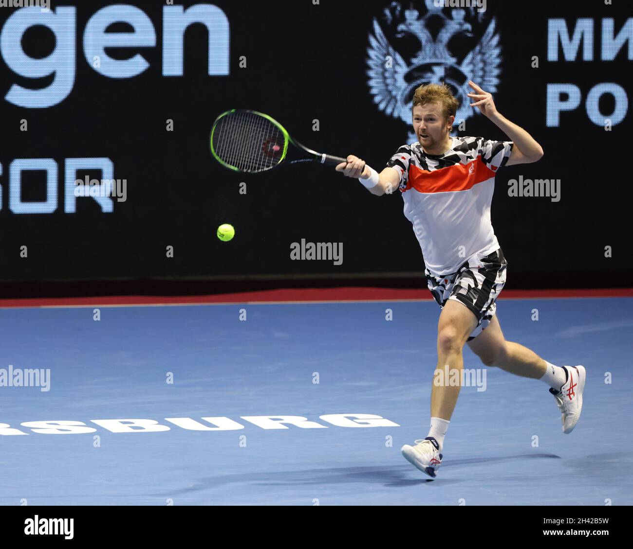 St. Petersburg, Russia. 31st Oct, 2021. Andrey Golubev seen in action  during a match; Jamie Murray of Great Britain, Bruno Soares of Brazil  against Andrey Golubev of Kazakhstan, Hugo Nys of Monaco