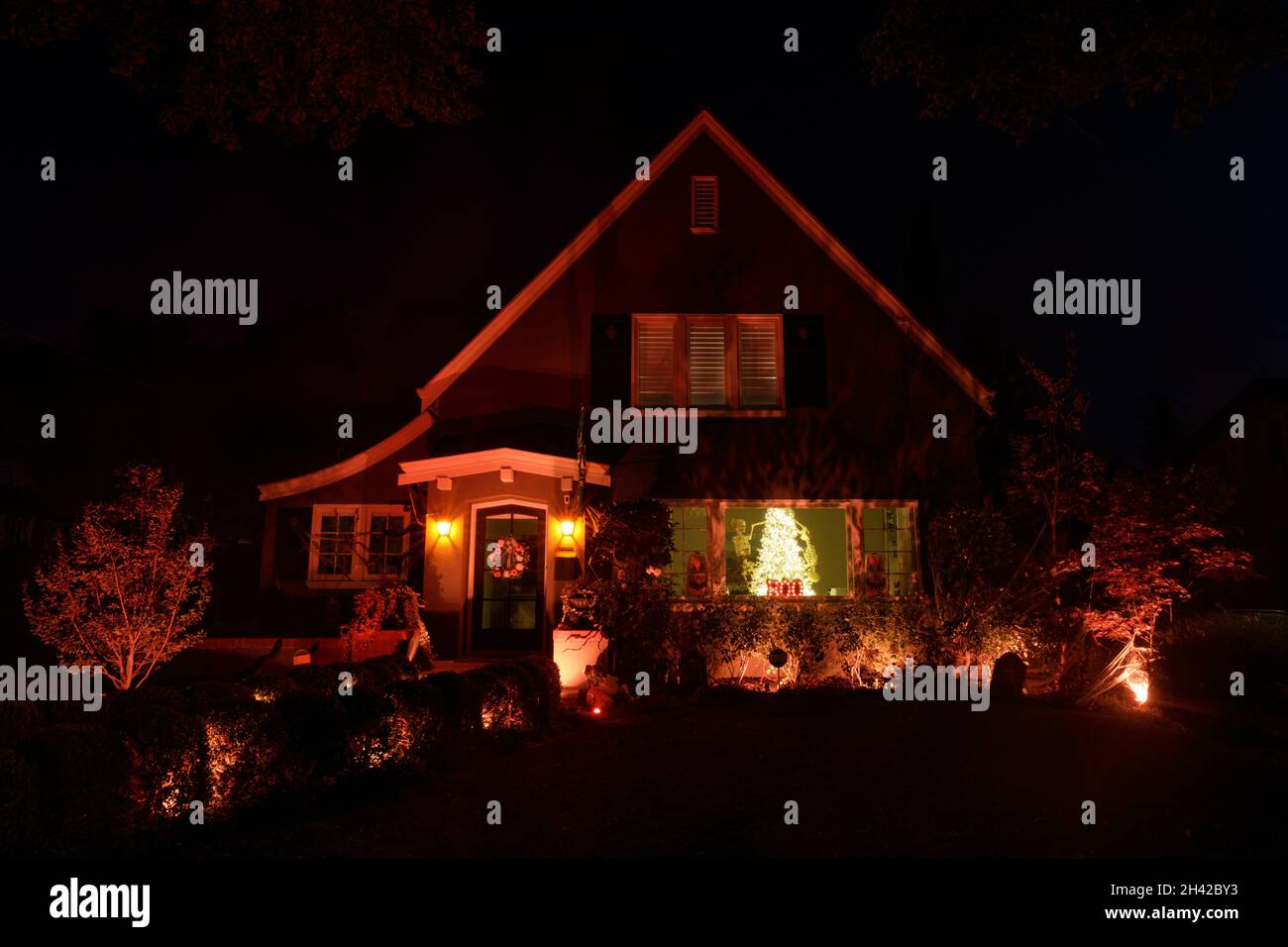 Halloween night lights decorating house in California Stock Photo Alamy