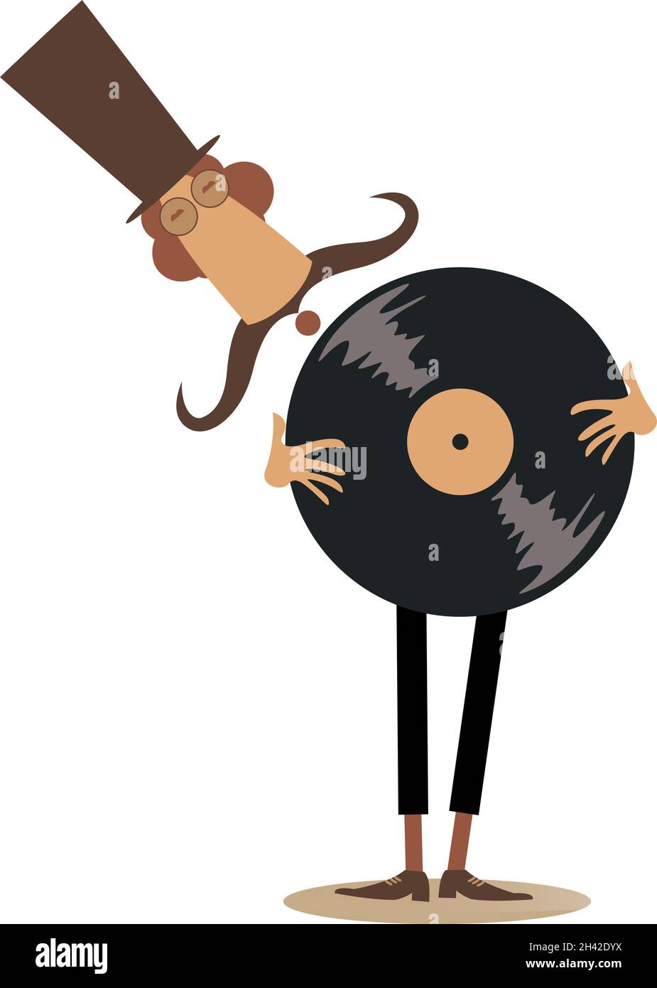 Funny man with vinyl record original icon.  Cartoon long mustache man in the top hat holds holding a record isolated on white Stock Vector