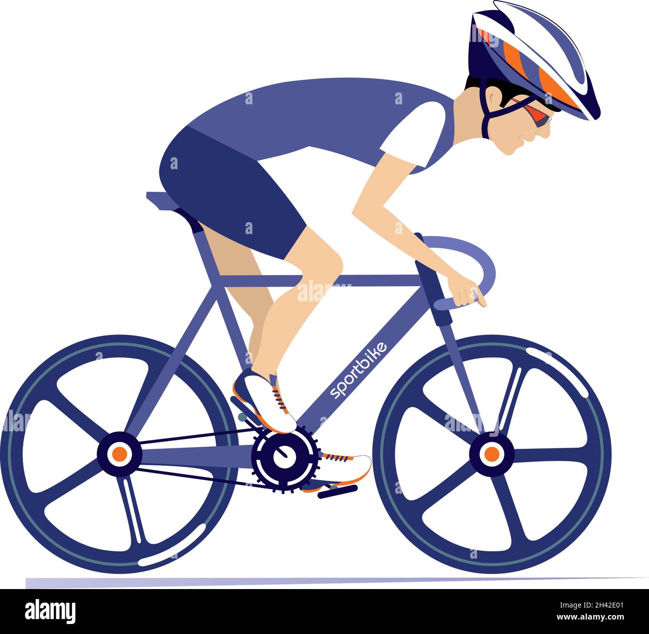 Young man rides a bike illustration. Young man in helmet and sunglasses
