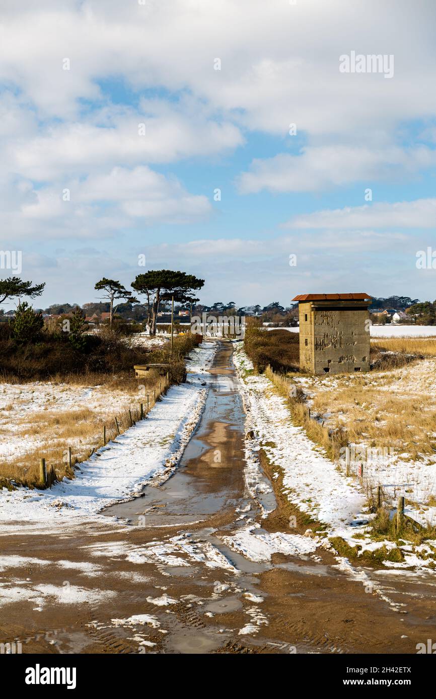 The remains of the Bawdsey battery sea defense at East Lane on the Suffolk coast. Emergency Coastal Defence Programme Stock Photo