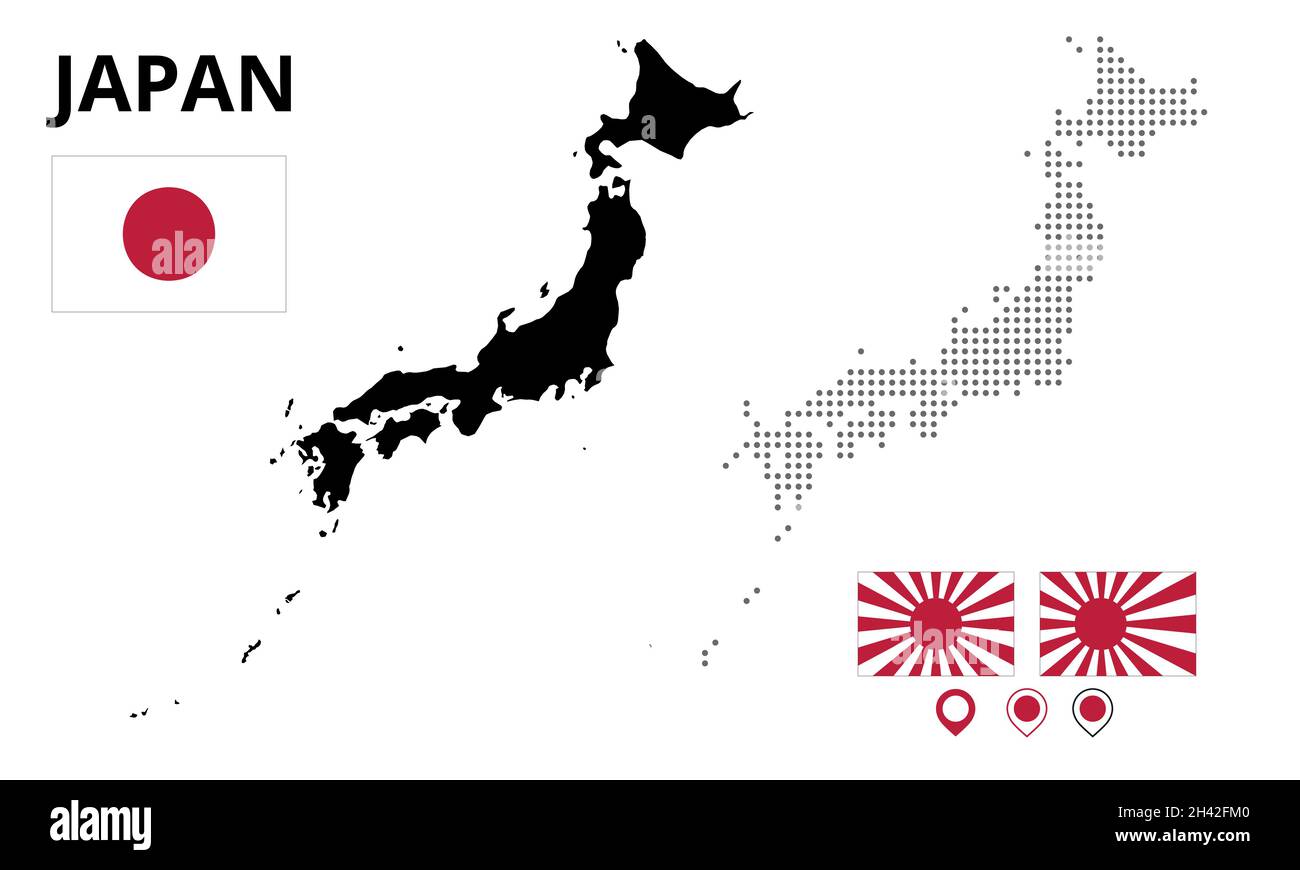 Map of japan with flags in original color. Map dotted with silhouette flags and pin Stock Vector