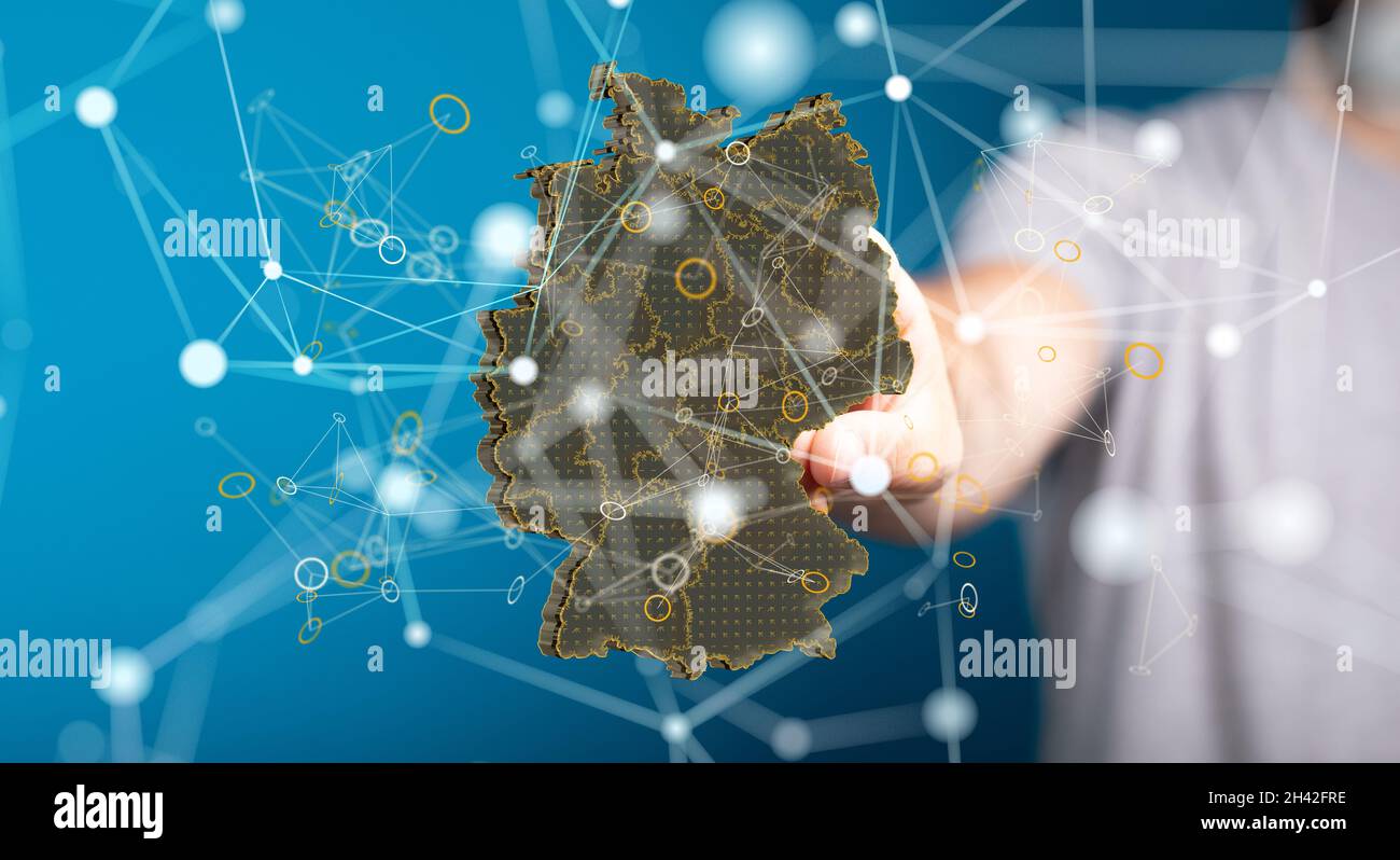 A 3D rendering of digital Germany map floating on human hands- internet ...