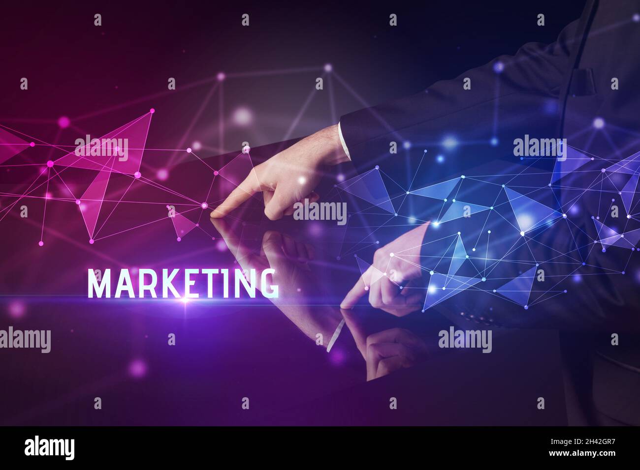Businessman touching huge screen concept Stock Photo