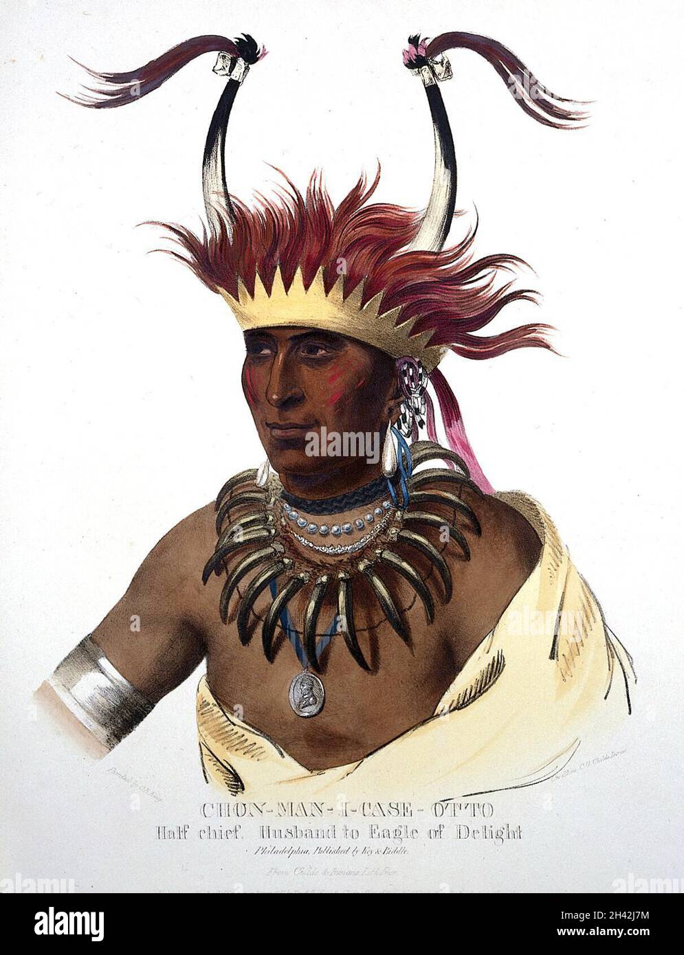 Shaumonekusse, a chief of the Oto (Otoe) tribe, wearing a crown hair piece with horns, a bear-claw necklace and a medallion. Colour lithograph by C. G. Childs after C. B. King, 1833. Stock Photo