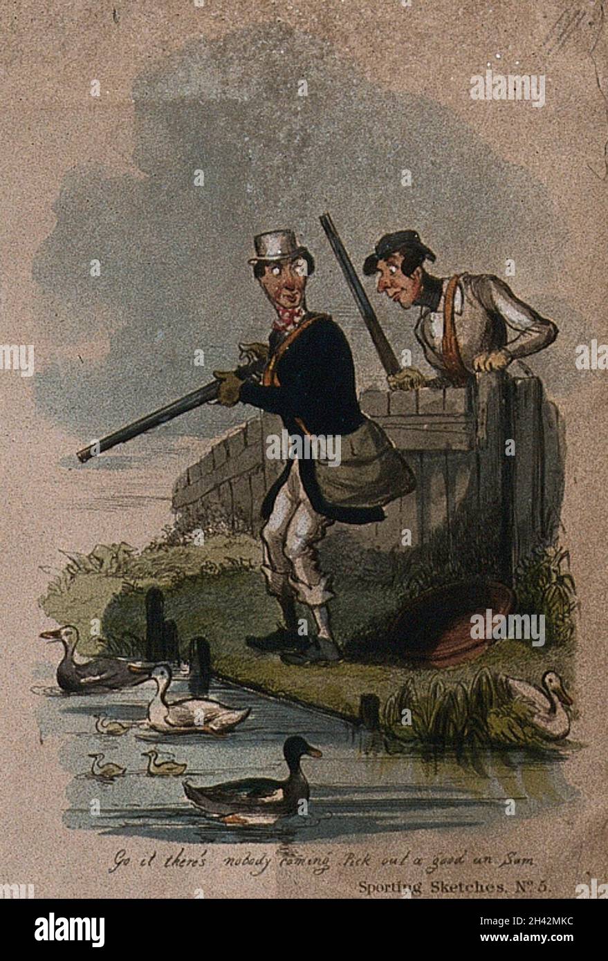 Two men with guns are looking at the ducks on the pond. Coloured ...