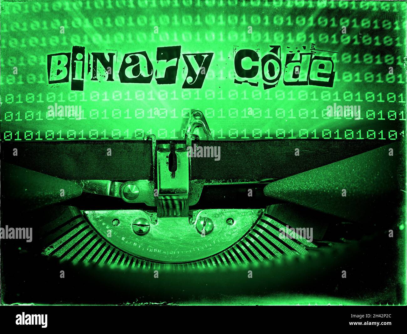 Mechanical Typewriter, Binary code background, Green tone, Vintage distorted look Stock Photo