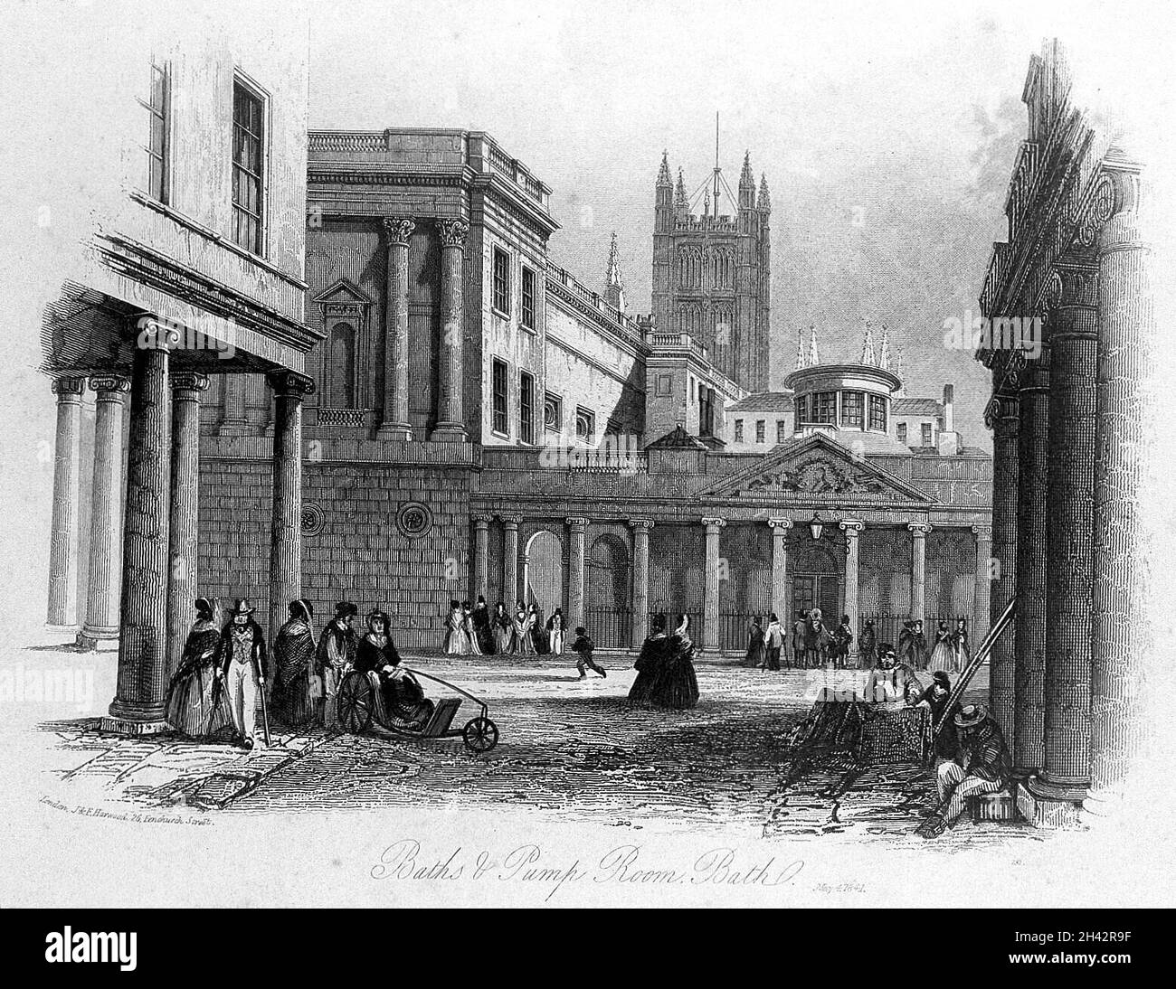 Street scene showing the baths and pump room, Bath. Line engraving