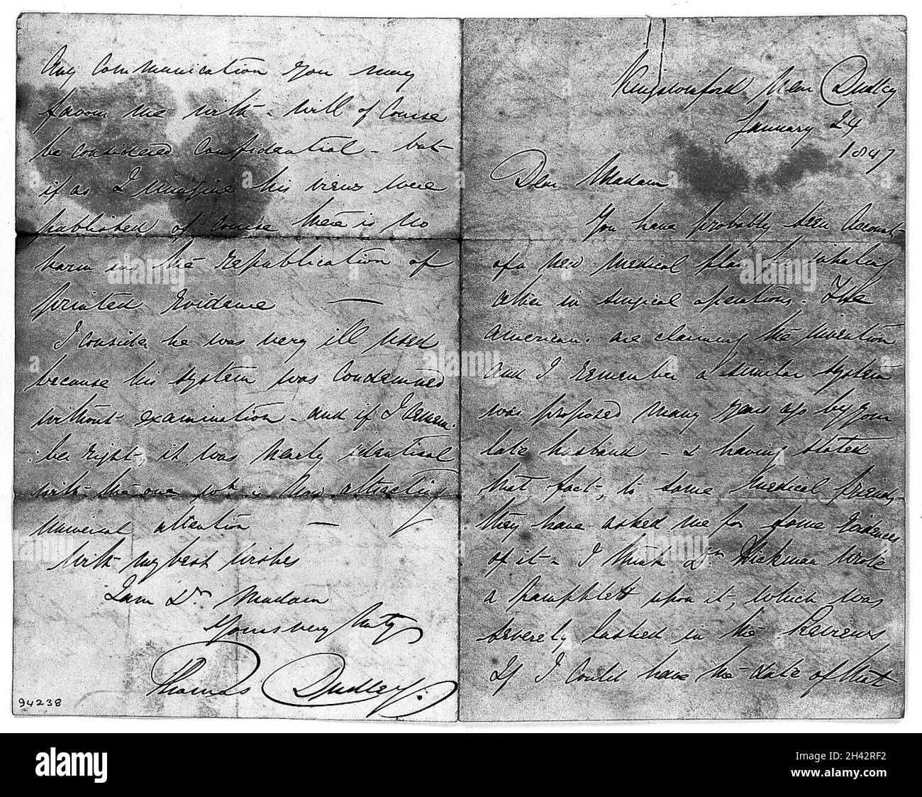 Manuscript letter from Thomas Dudley to H.H. Hickman, dated 24 Jan. 1847 Stock Photo
