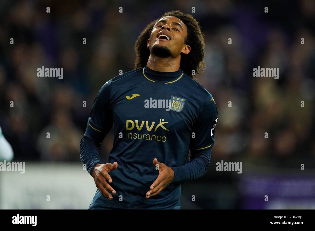 BRUSSEL, BELGIUM - OCTOBER 31: Joshua Zirkzee of Anderlecht during the Jupiler Pro League match between Anderlecht and OH Leuven at Lotto Park on October 31, 2021 in Brussel, Belgium (Photo by Jeroen Meuwsen/Orange Pictures) Stock Photo