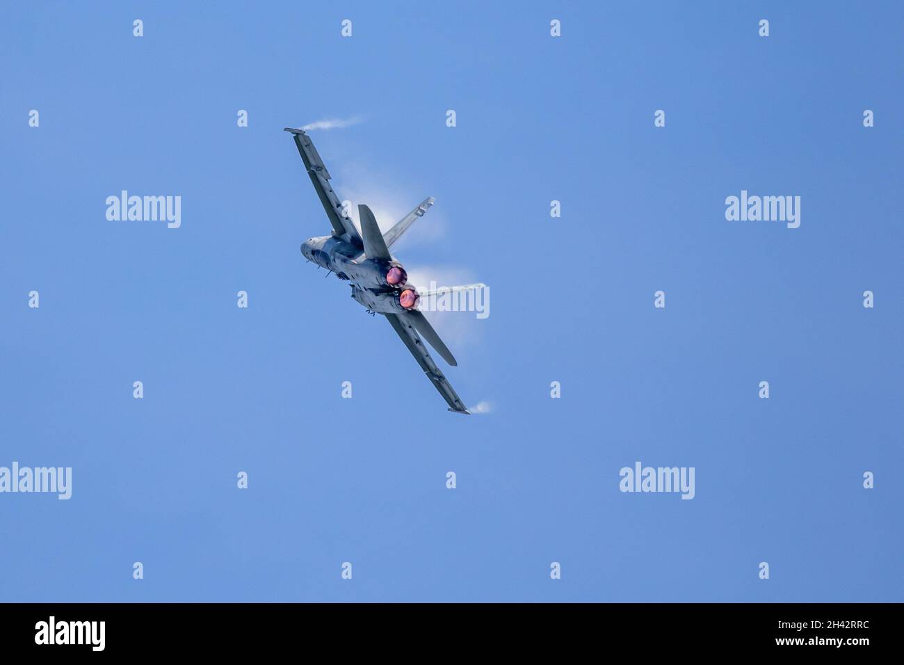 A Royal Canadian Air Force (RCAF) CF-18 Hornet during a flight demonstration at the 2021 London Airshow SkyDrive event in Ontario, Canada. Stock Photo