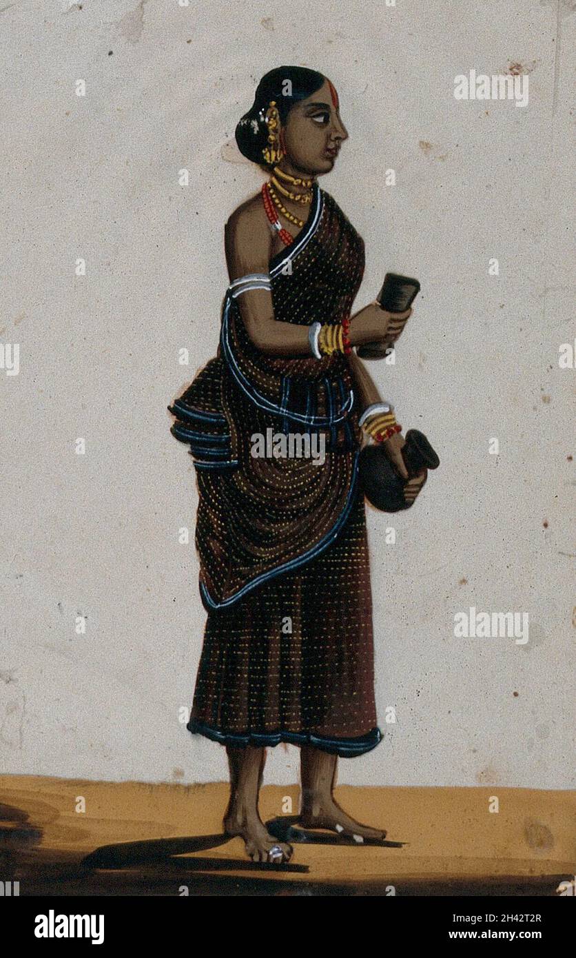 A oil monger's wife holding a pot. Gouache painting on mica by an Indian artist Stock Photo Alamy