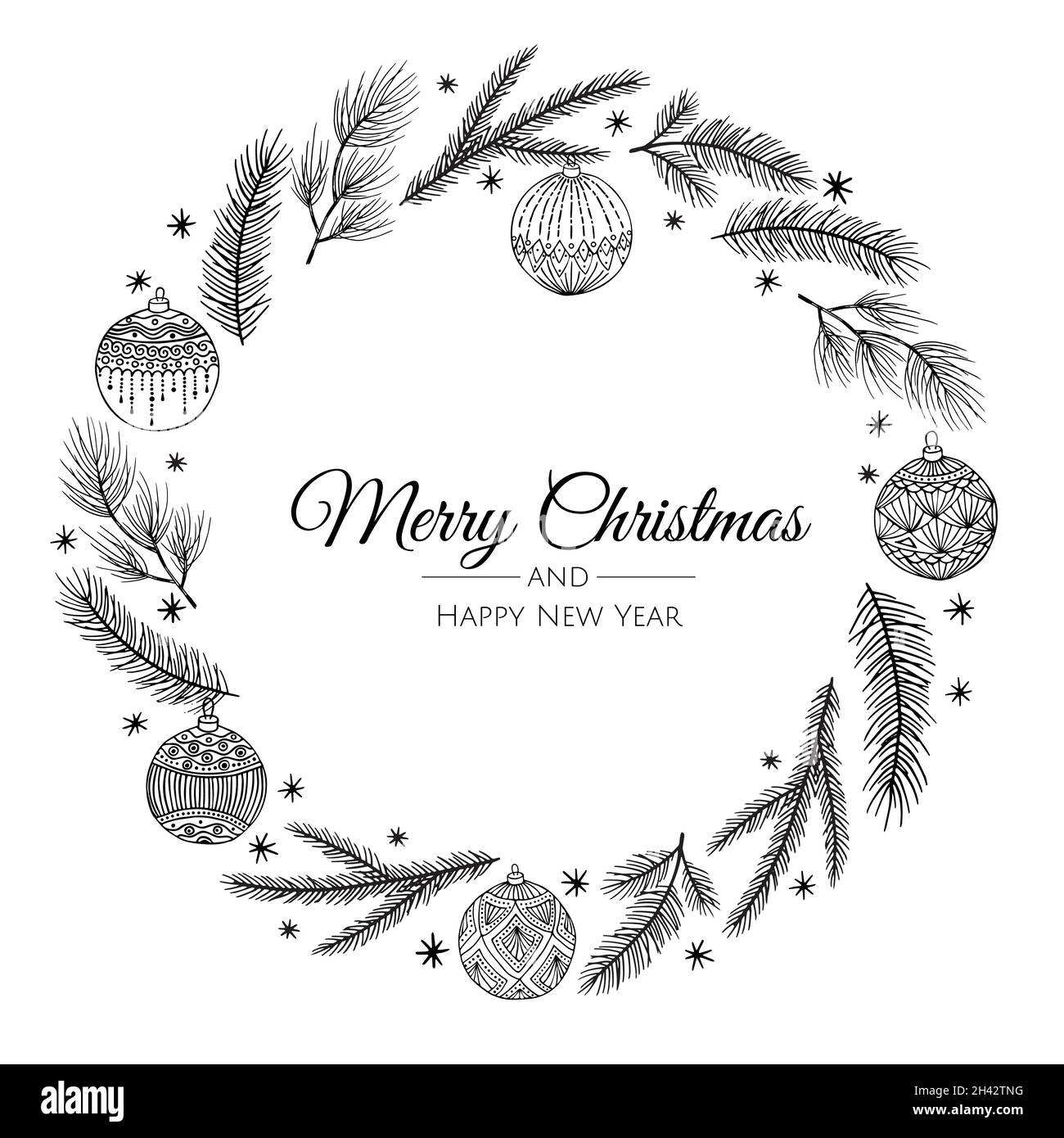 Merry Christmas and New Year Card with Pine Wreath, Mistletoe, Winter plants design illustration for greetings, invitation, flyer, brochure. Stock Vector