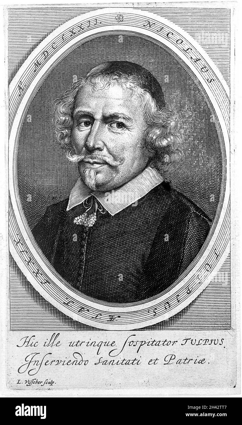 Nicolaus Tulp [Tulpius]. Line engraving by L. Visscher, 1672 Stock
