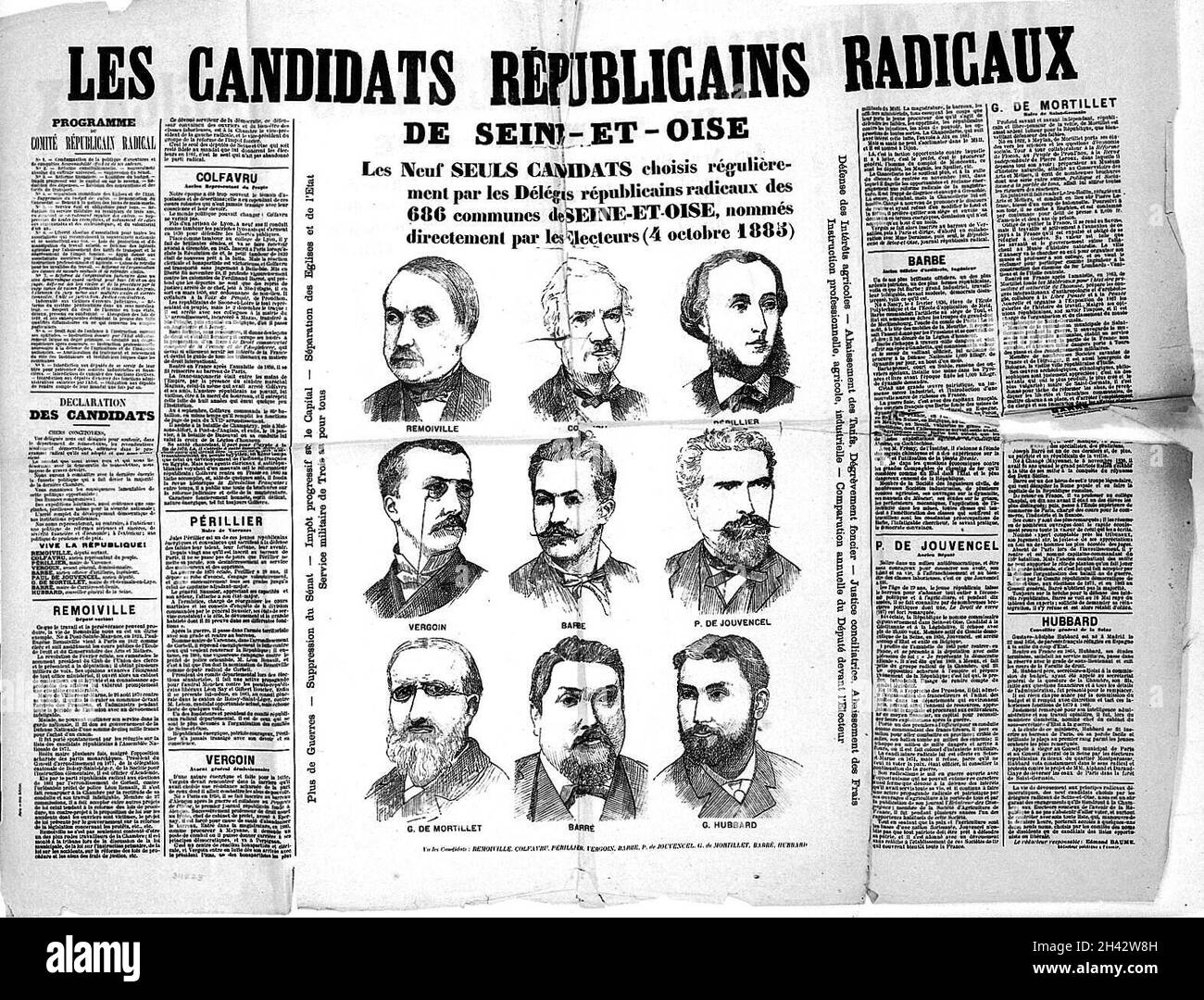 Newspaper advertisement, 'Les candidats republicains radicaux' with biography and woodcut portrait of G. de Mortillet. Stock Photo