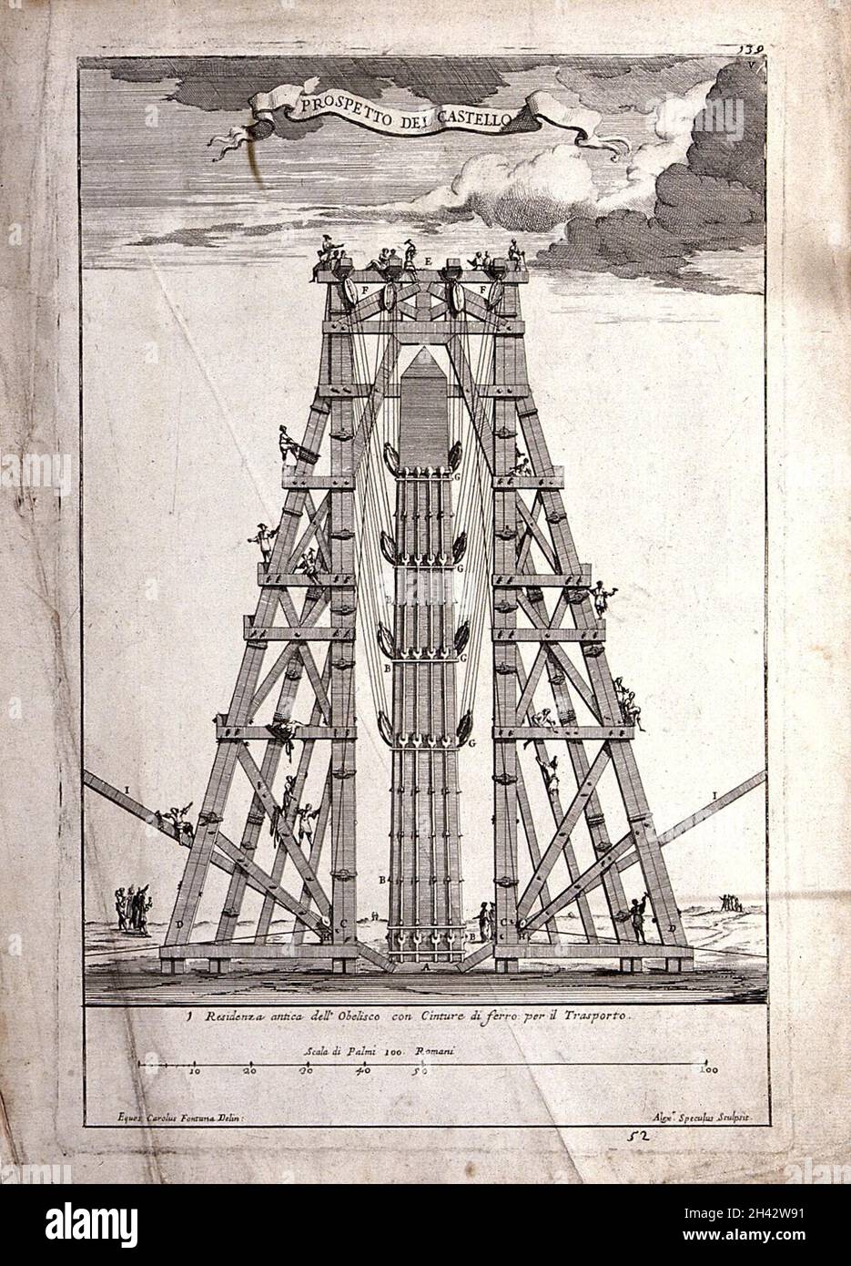 Machinery: plan and elevation of scaffolding erected to raise an obelisk in  Rome. Engraving by A. Specus, after D. Fontana Stock Photo - Alamy