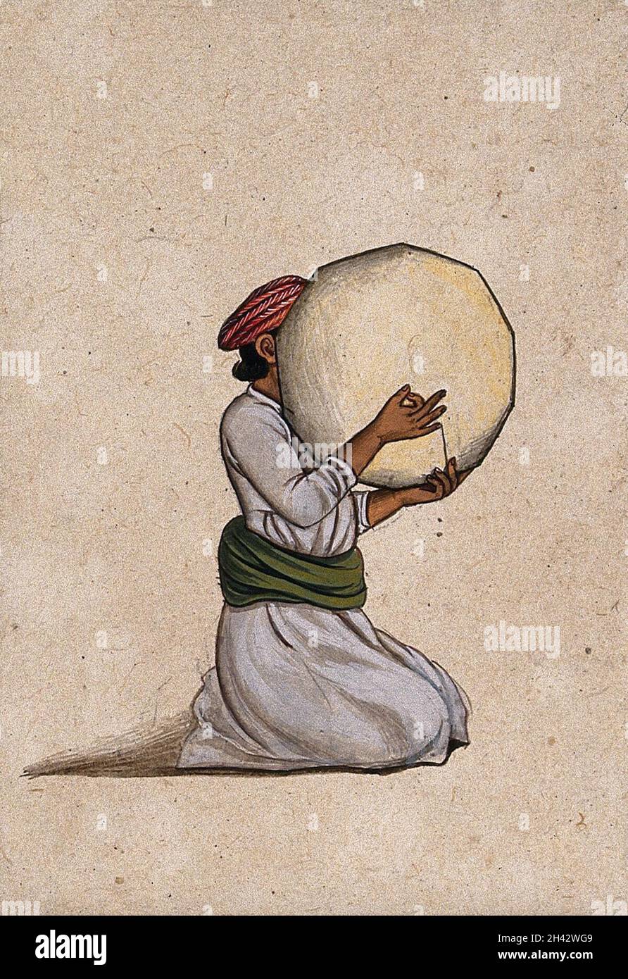 An Indian musician playing a tambourine without jingles. Gouache