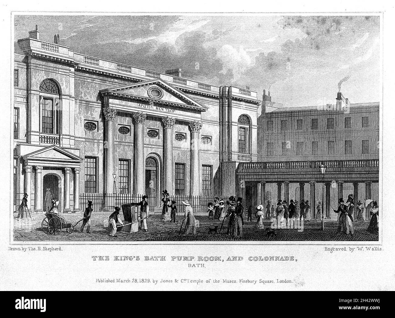 Royal pump room and colonnade, Bath exterior. Steel engraving by W