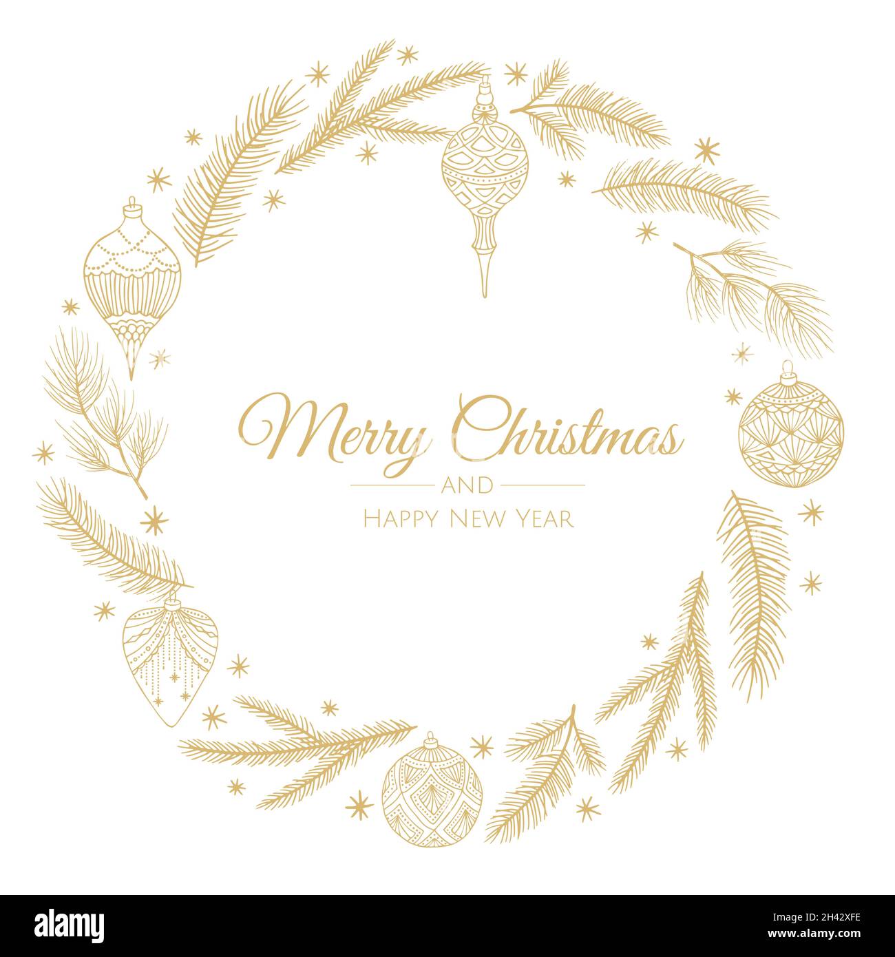 Merry Christmas and New Year Card with Pine Wreath, Mistletoe, Winter ...