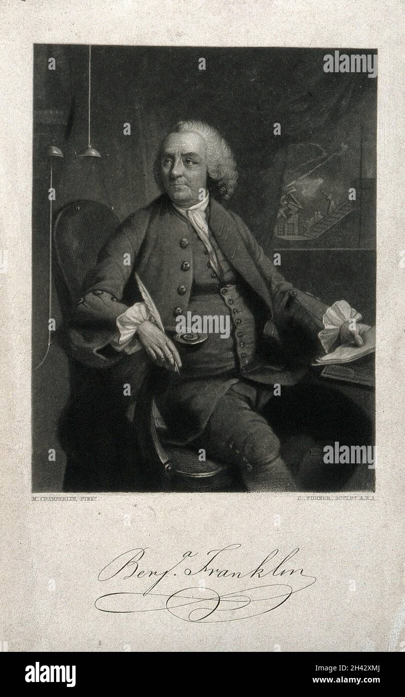 Benjamin Franklin. Engraving after M. Chamberlin, 1762. Stock Photo
