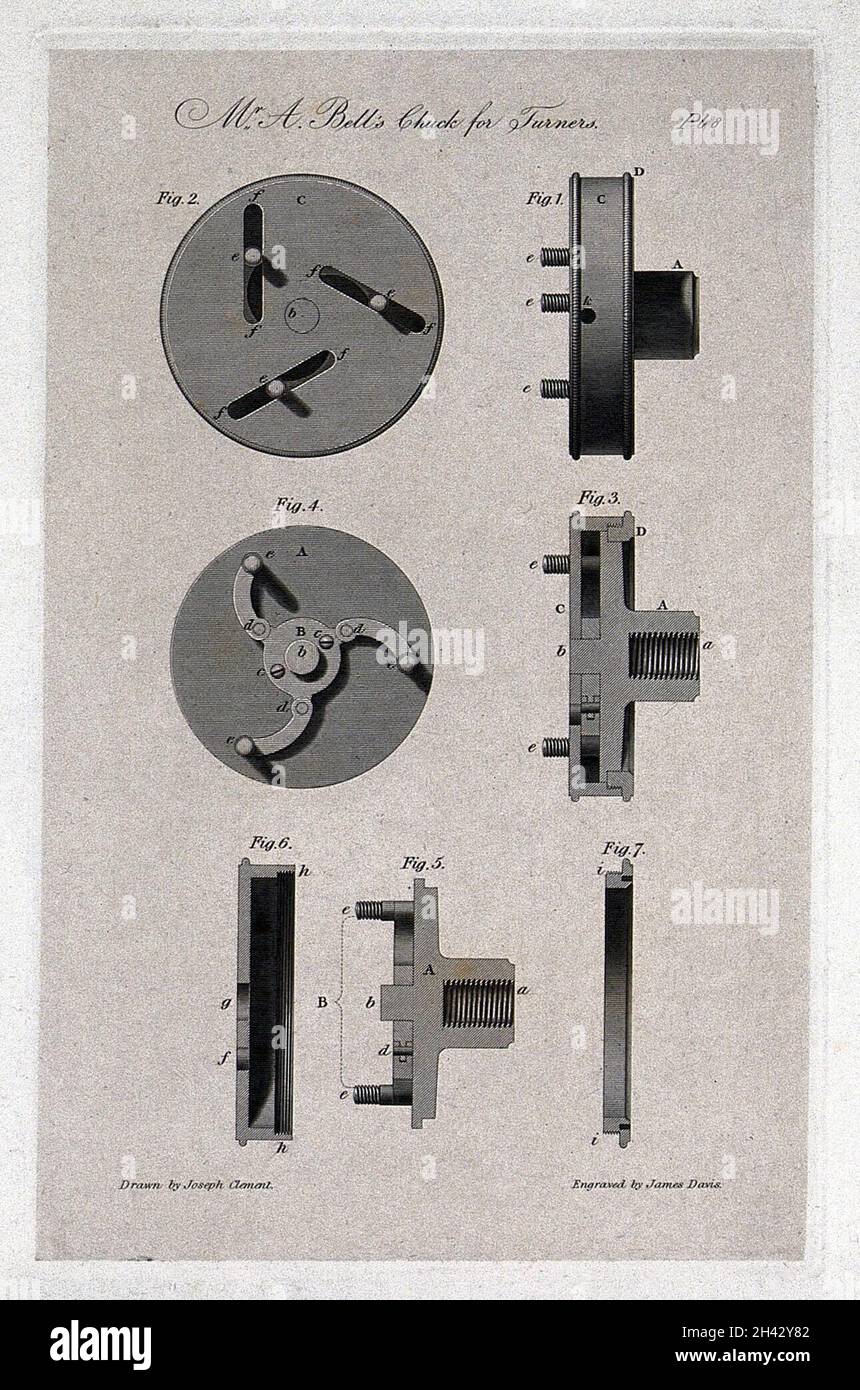 Engineering: a centring chuck mechanism for a lathe: elevations, cross ...