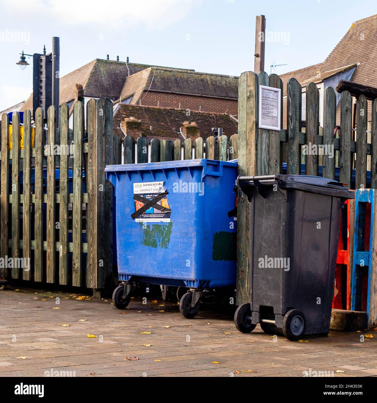 Epsom Surrey London UK, October 31 2021, Council High Street Town Centre Wheelie Bin Storage Area With No People Stock Photo