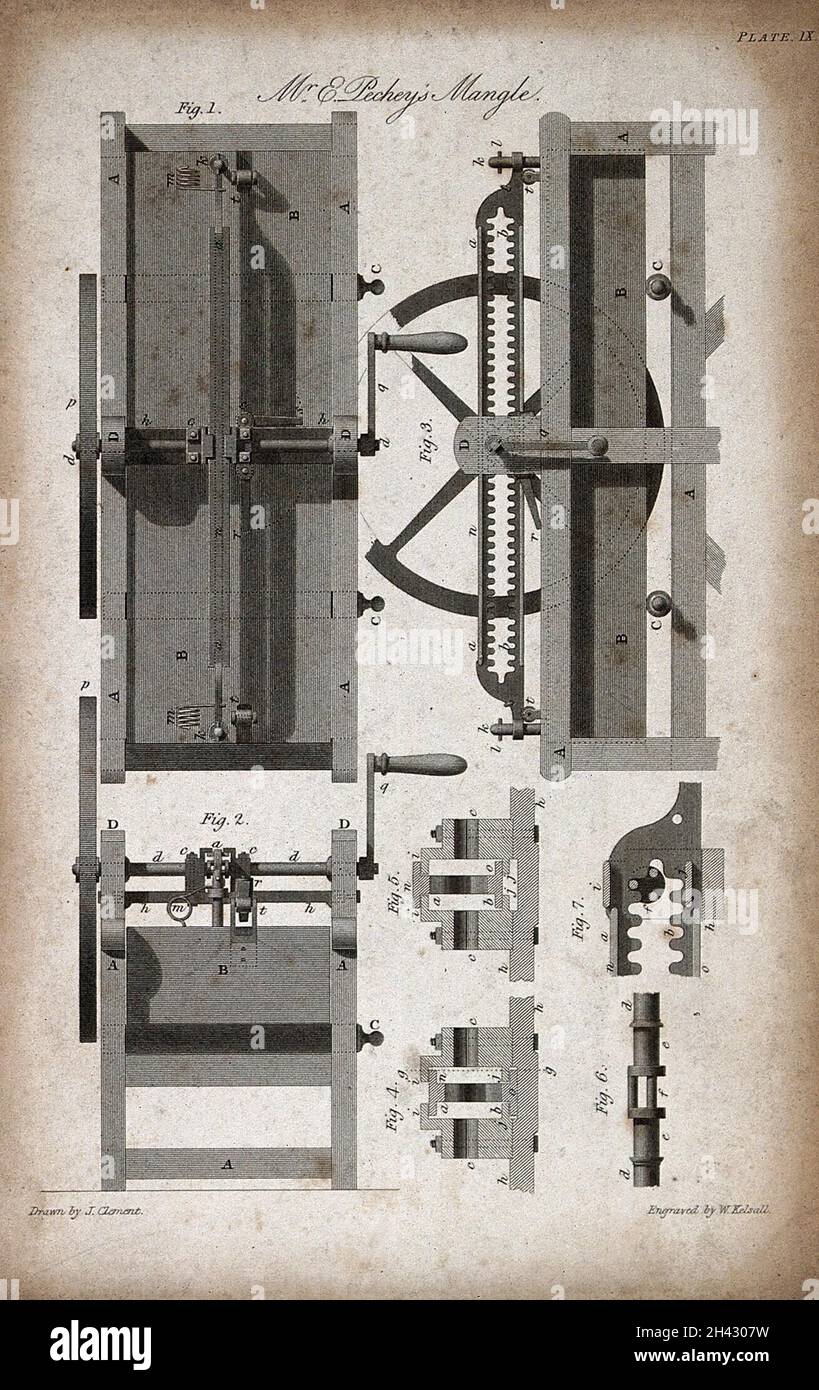 Engineering a moving mangle and washboard, plan, elevations, and