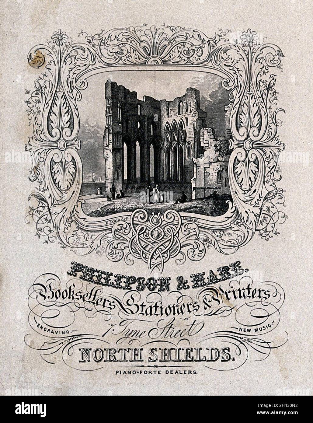 A ruined abbey, with an ornate border. Engraving by Lizars after E. Train. Stock Photo