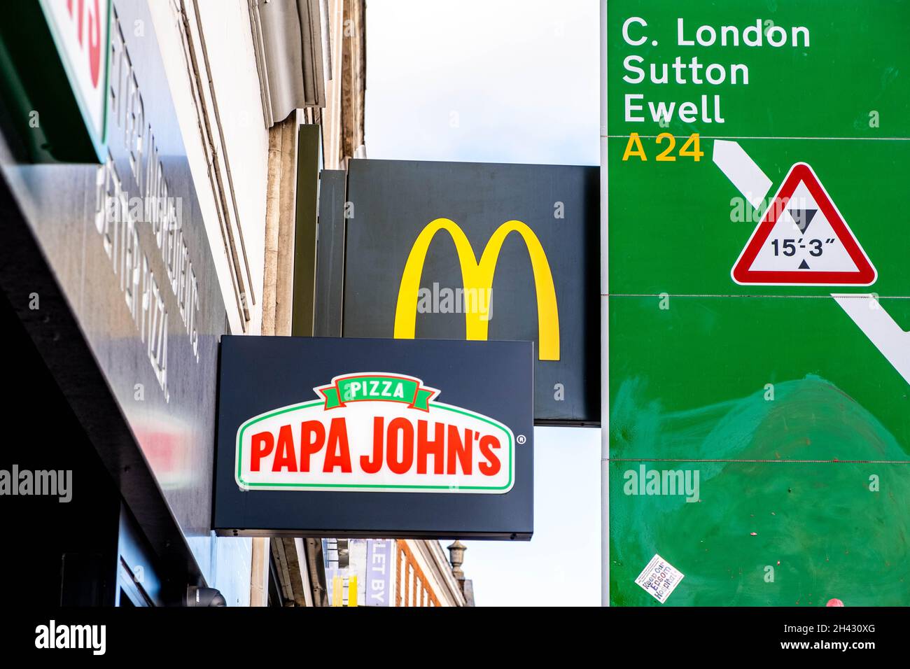 Epsom Surrey London UK, October 31 2021, McDonalds And Papa Johns Fast