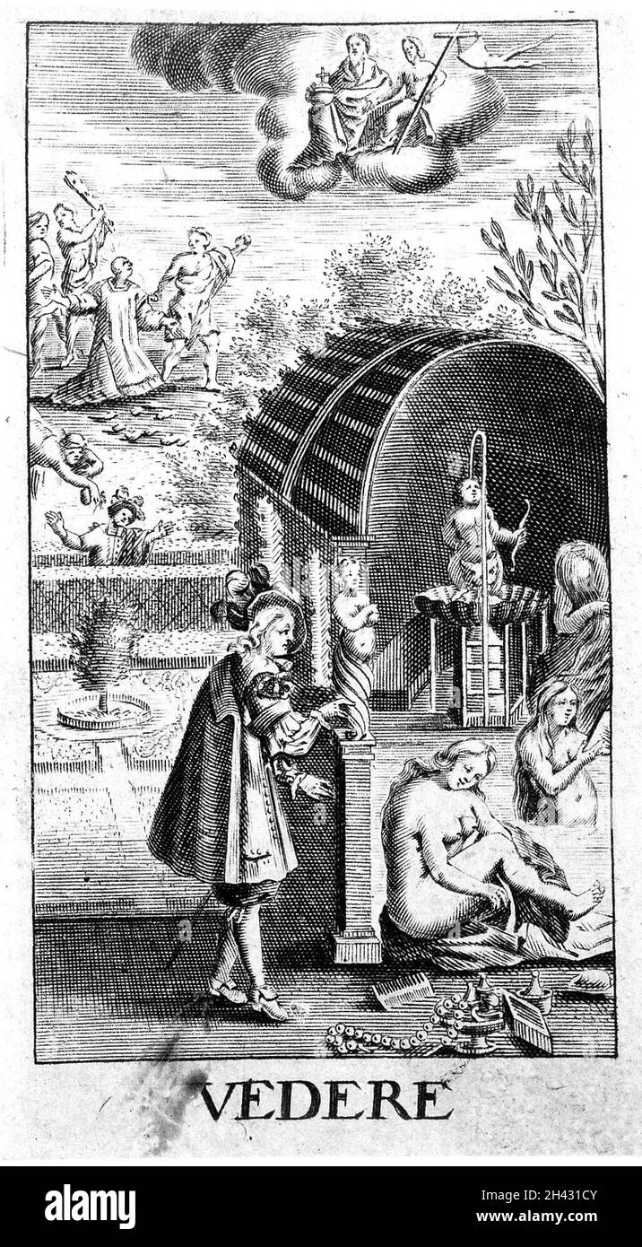 A voyeur watches women taking a bath while above a monk is martyred; representing the sense of sight. Engraving after G. Collaert, 1630, after N. van der Horst. Stock Photo