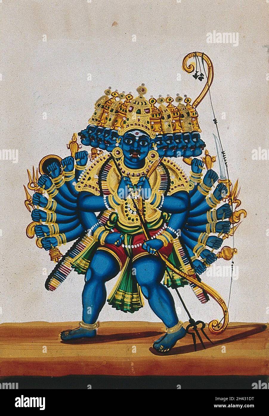 Ravana, the ten headed demon god. Gouache painting by an Indian ...