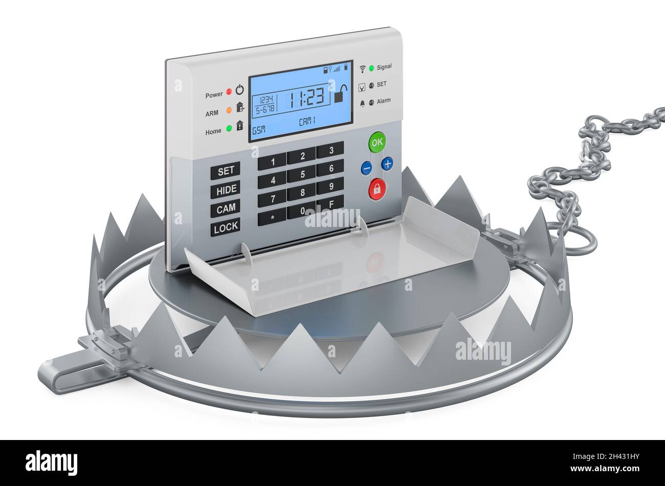 Bear trap with security alarm system, 3D rendering isolated on white ...