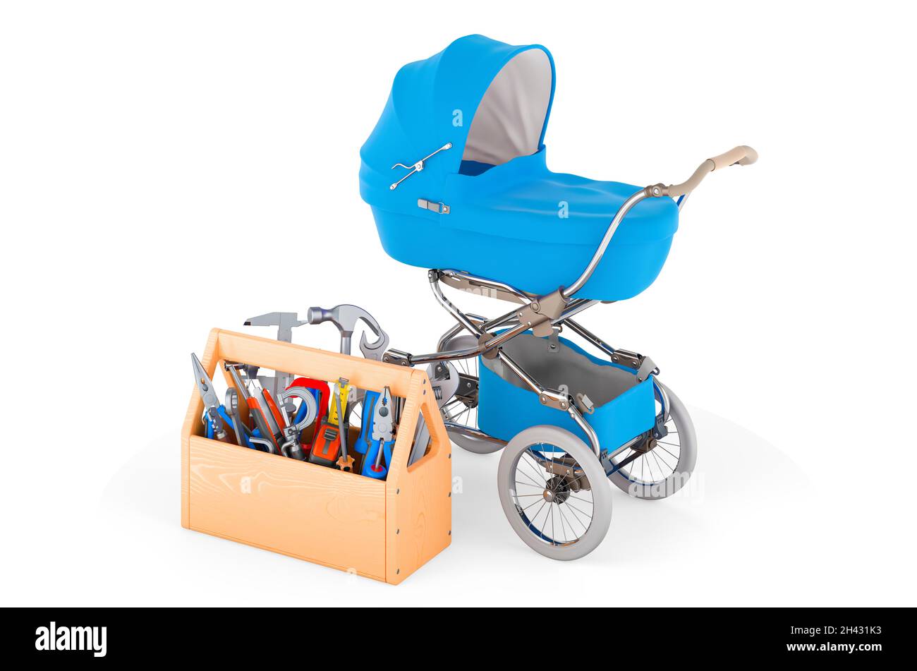 Baby carriage with toolbox. Service and repair of baby stroller, 3D ...