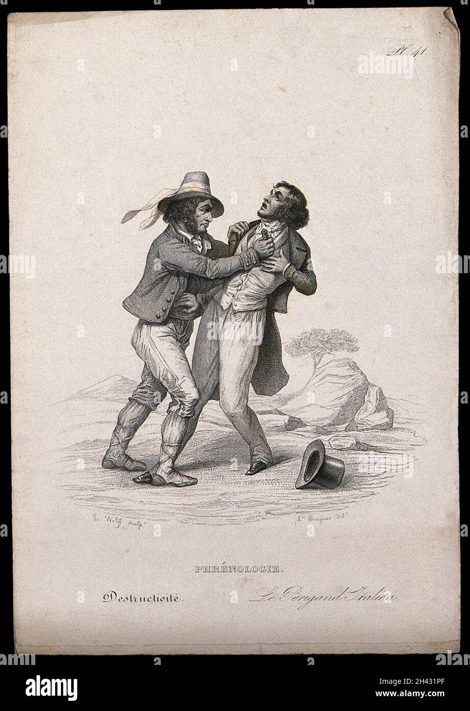 An Italian brigand attacking a gentleman on a road; exhibiting the phrenological 'propensity' of 'destructiveness'. Steel engraving by S. Wolff, 1847, after H. Bruyères. Stock Photo