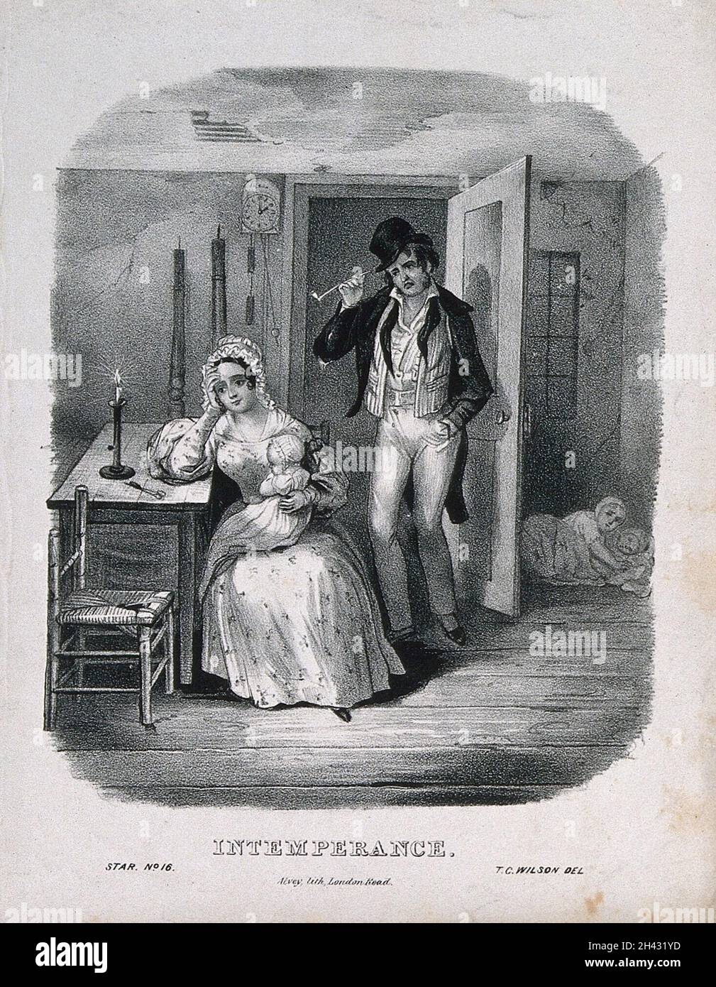 The evil effects of intemperance on a man and his family. Lithograph by Alvey, c. 1840, after T.C. Wilson. Stock Photo